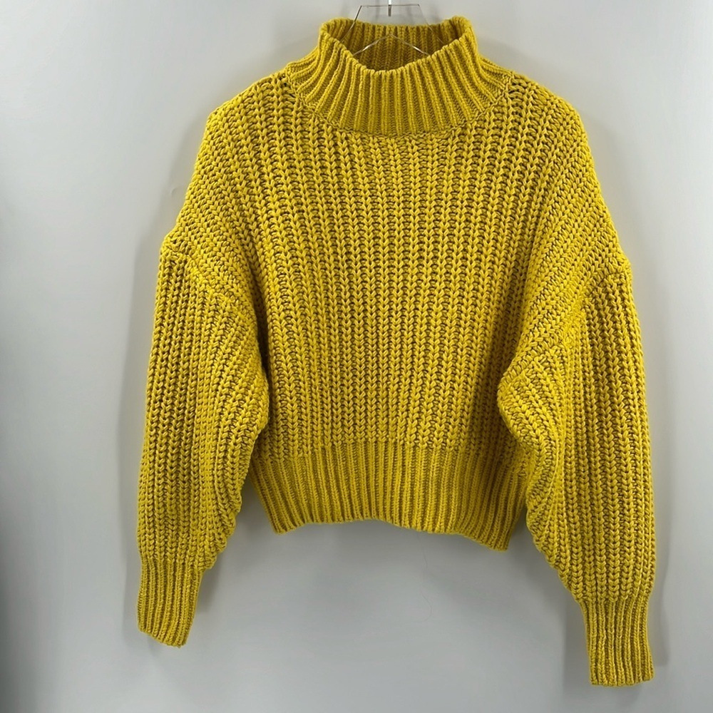 H&M Yellow Chunky Knit Wool Mock Neck Turtleneck Ribbed Dropped Shoulder Small
